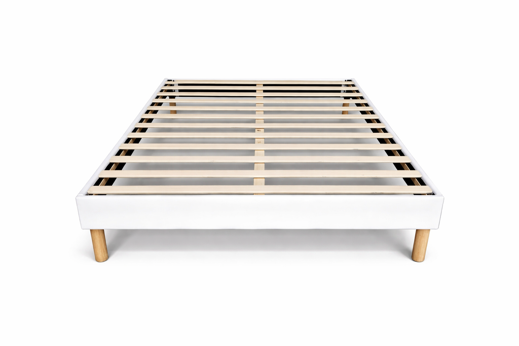 Sommier Bois à Lattes 160x200 avec Contour Cuir PU et Pieds 20cm