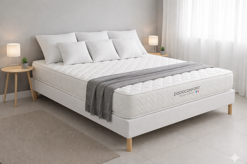 Ensemble 180x200 Matelas Dodo Confort Mémoire de Forme 20cm + Sommier Bois contour Cuir Pu - King Size Premium