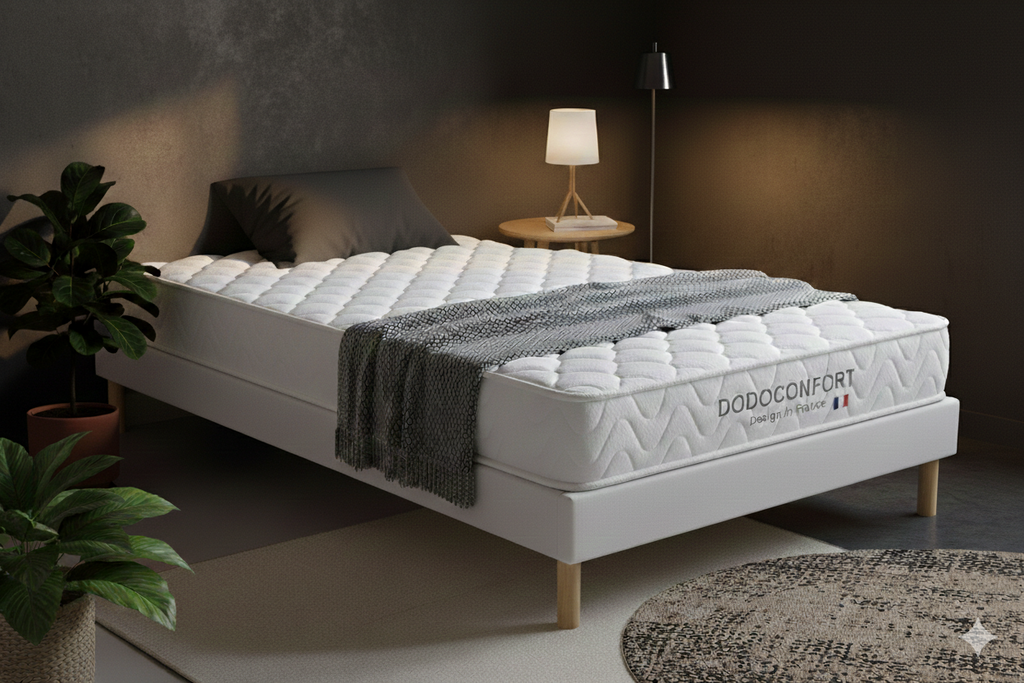 Ensemble 90x200 Matelas Dodo Confort Mémoire de Forme 15cm + Sommier Bois à Lattes - 1 Personne
