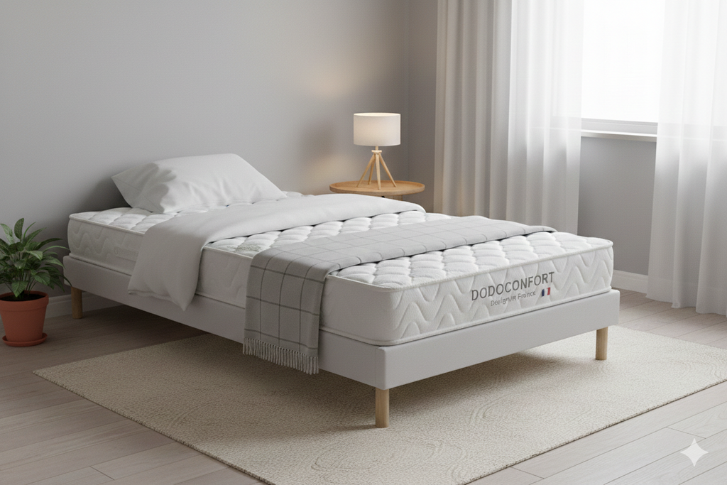 Ensemble 90x200 Matelas Dodo Confort Mémoire de Forme 20cm + Sommier Bois contour cuir Pu - 1 Personne