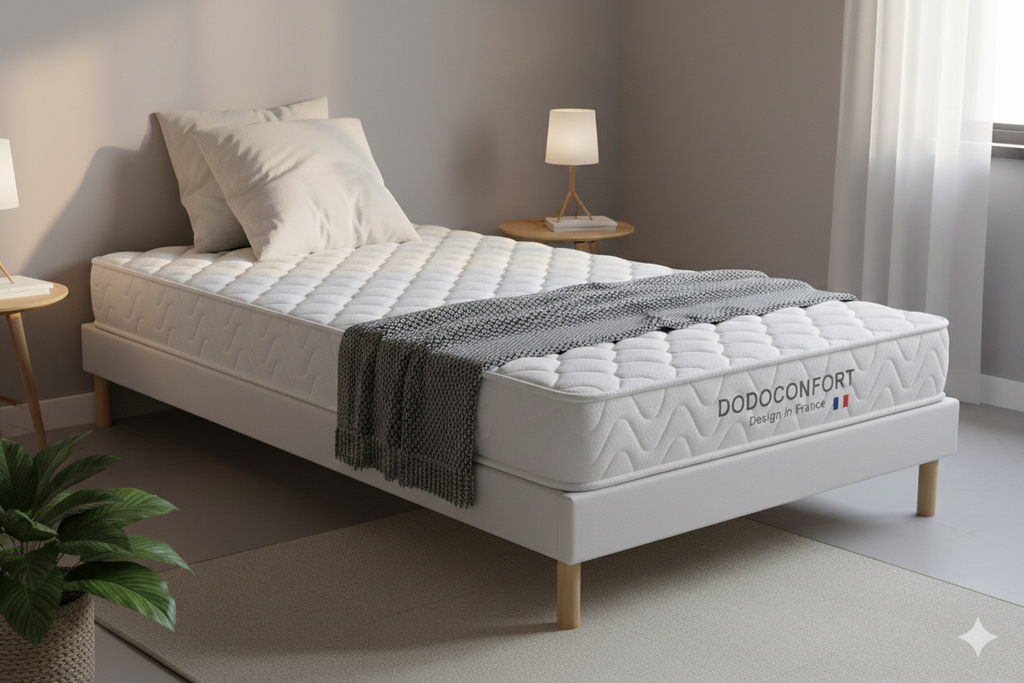 Ensemble Complet 90x190 cm  Matelas 20cm Dodo Confort Mémoire de Forme  + Sommier Bois contour cuir Pu