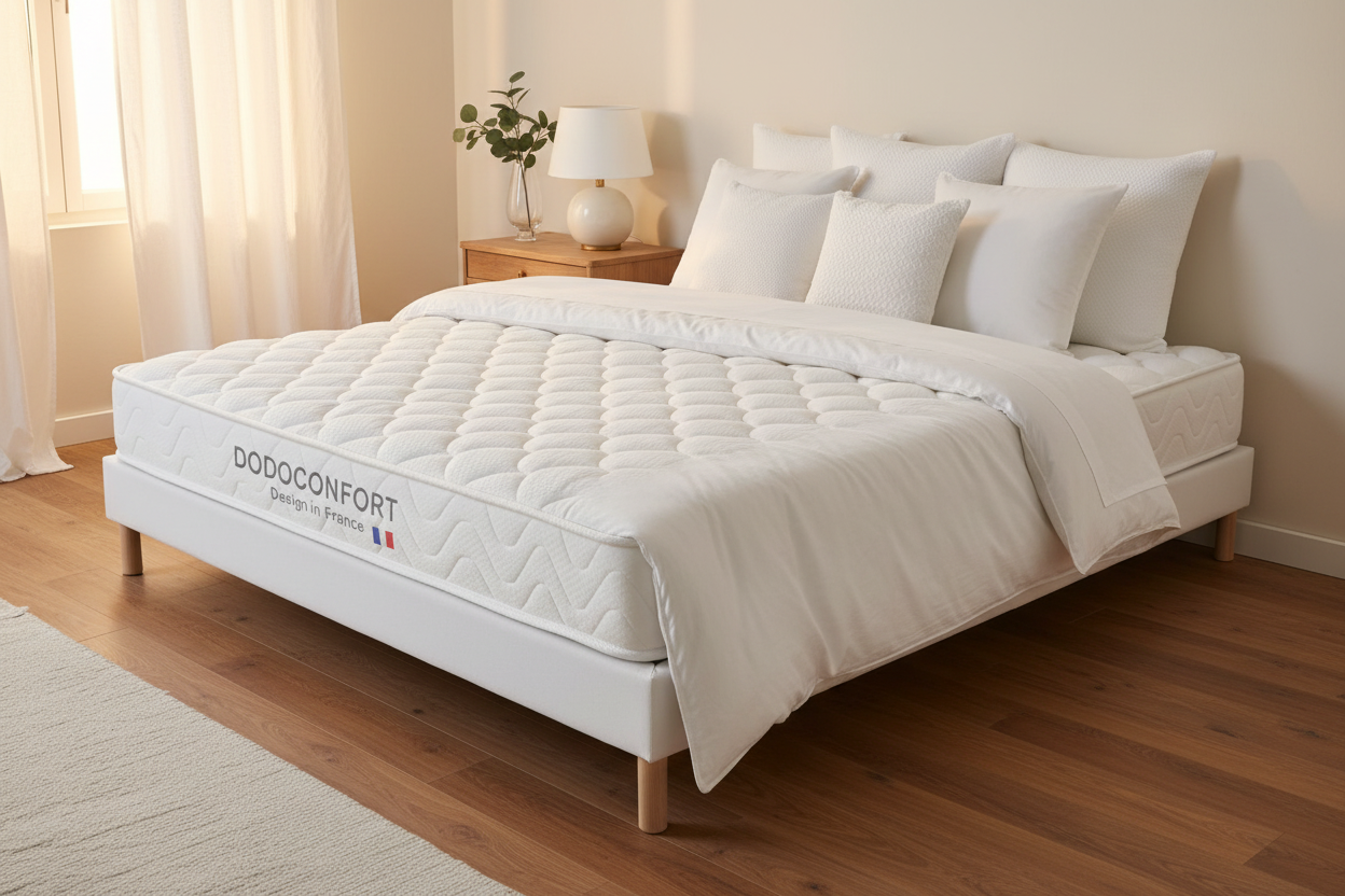 Ensemble 160x200 Queen Size - Matelas Mémoire de Forme 20cm + Sommier Tapissier Blanc Capitonné