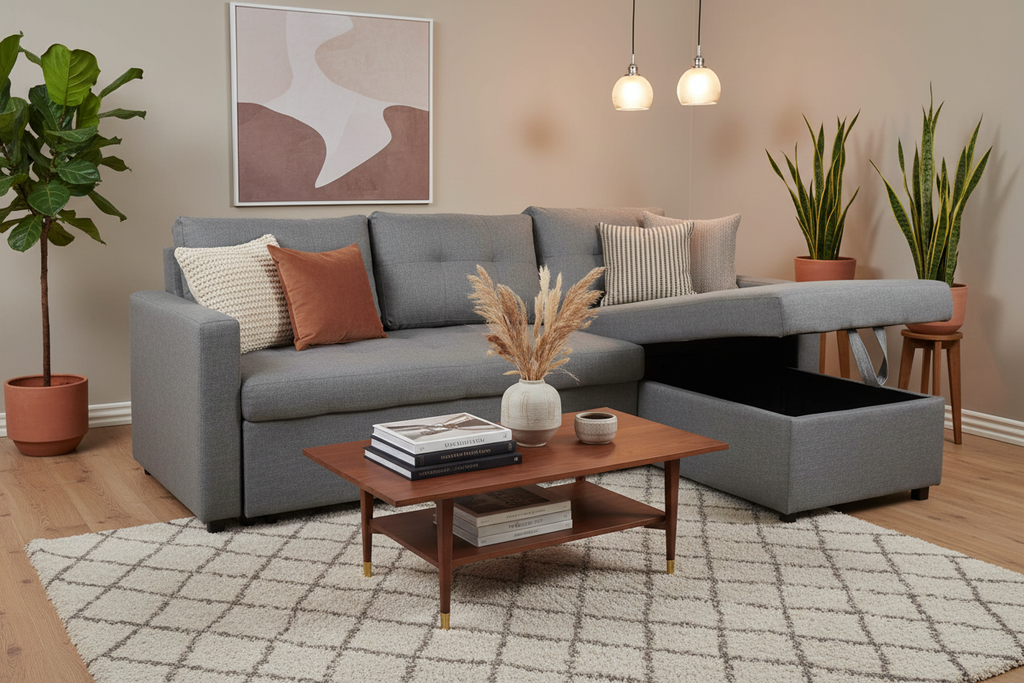 Canapé d'Angle Convertible 5 Places Gris Réversible avec Coffre - Couchage 140x200 cm