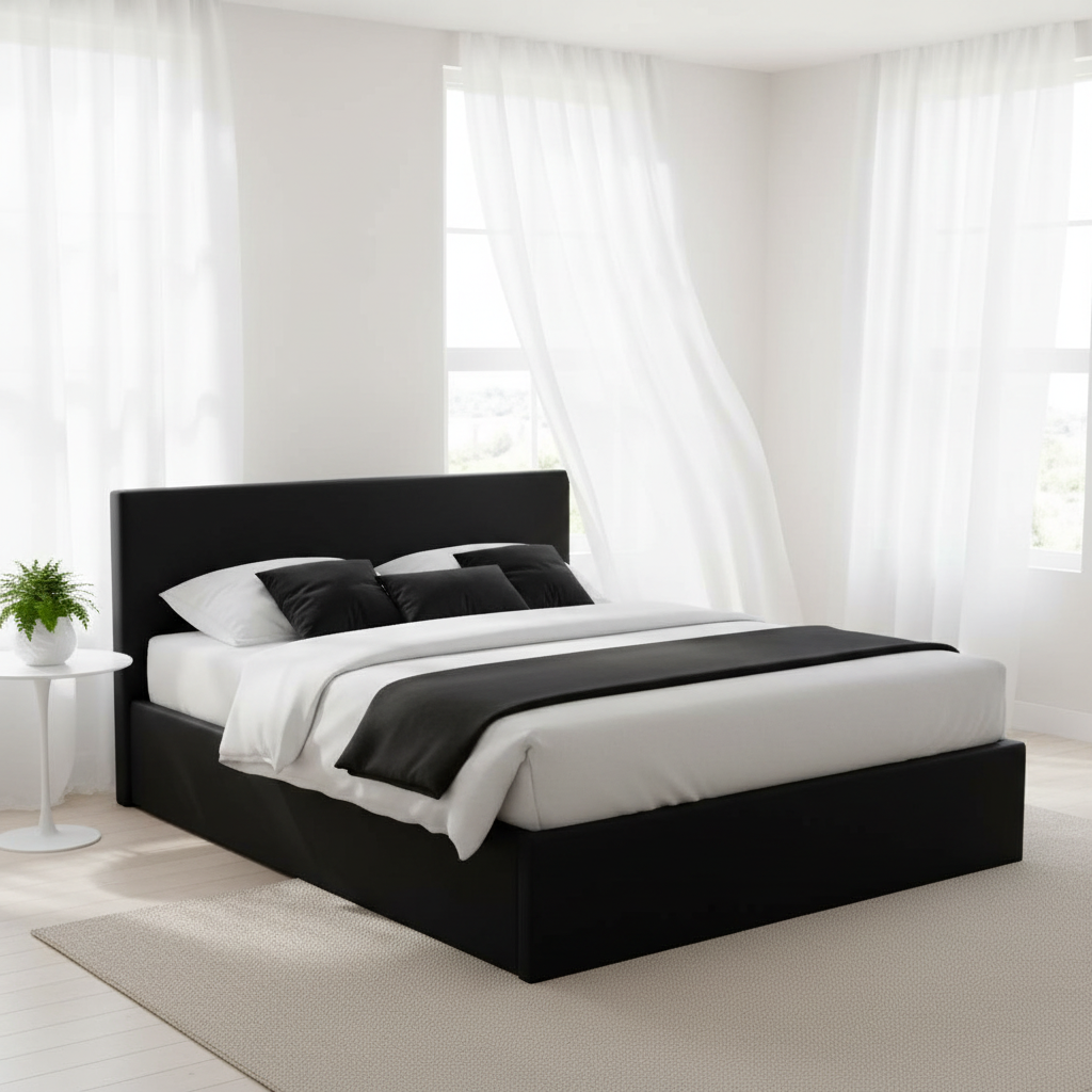 Pack Lit Coffre 140x190 Noir avec Rangement + Matelas Dodo Confort Mémoire de Forme 20 cm