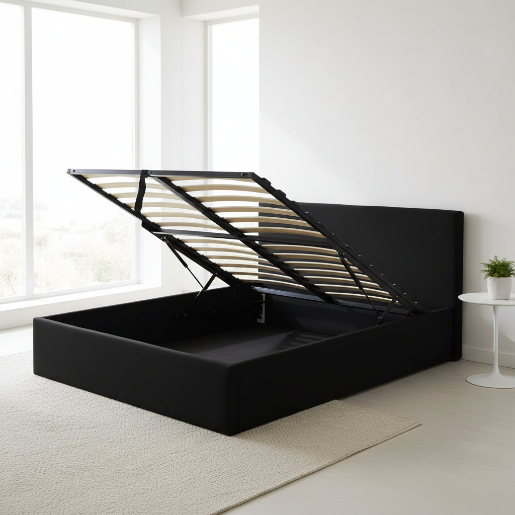Lit Coffre 140x190 avec Rangement - Cuir PU Premium Noir & Sommier à Lattes