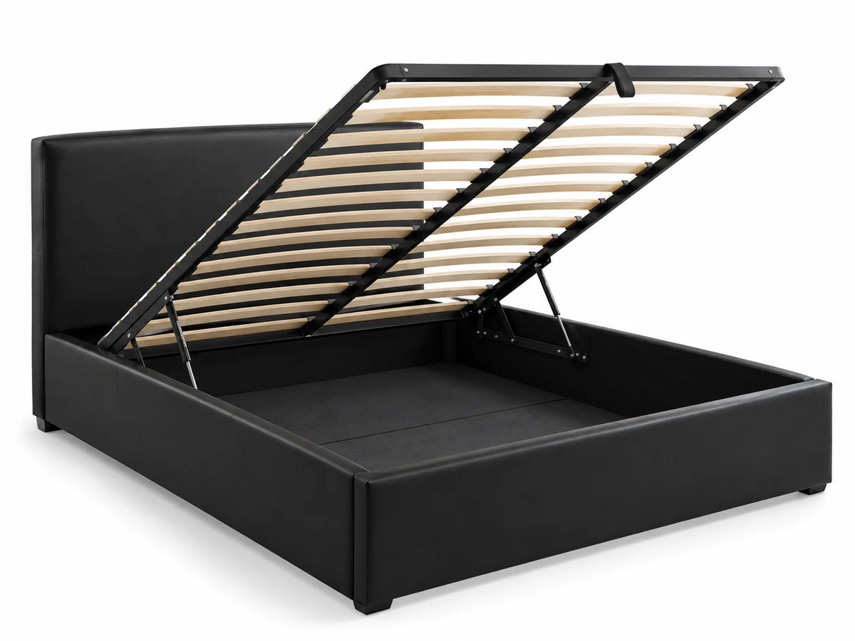Lit coffre noir 160x200 ouvert : sommier relevé par vérins, grand rangement