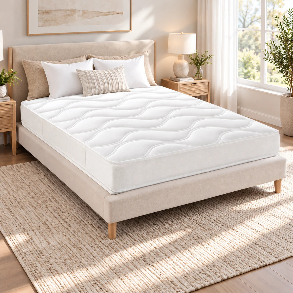 Matelas 120x190 blanc dans une chambre (photo d'ambiance, lit non inclus)