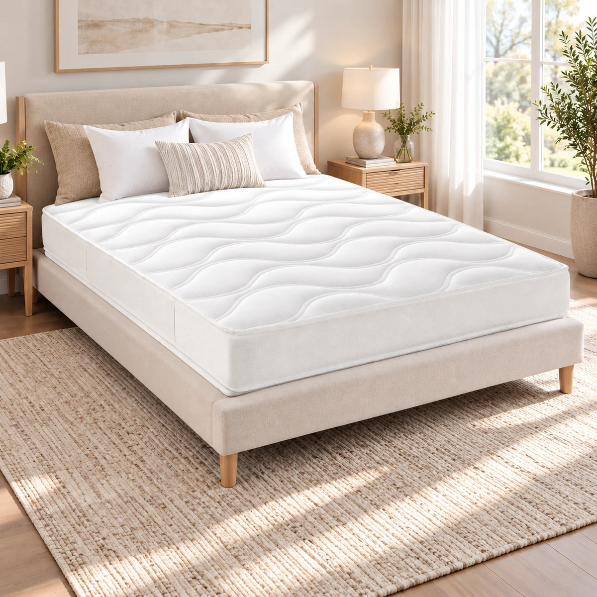 Matelas 120x190 blanc dans une chambre (photo d'ambiance, lit non inclus)