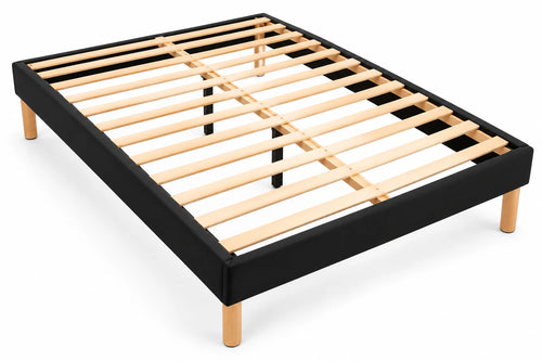 Sommier à lattes noir, vue 3/4 : lattes bois larges, pieds bois ronds et pieds centraux de renfort